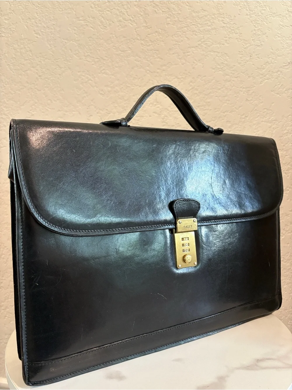 Bally Black Leather Briefcase with Gold-Tone Combination Lock